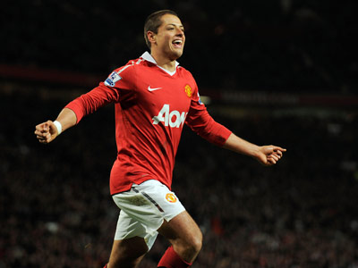 Manchester United striker Javier Hernandez celebrates scoring