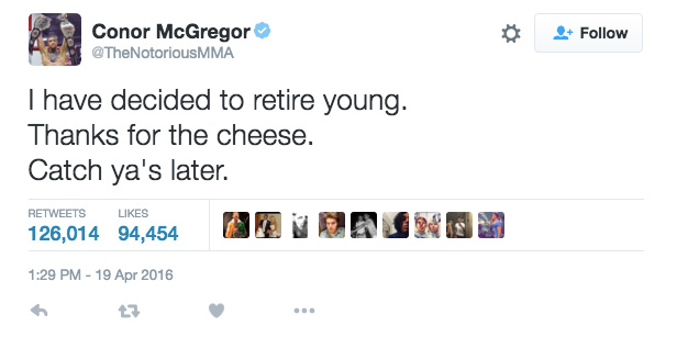 UFC 200 – Conor McGregor Retires On Twitter