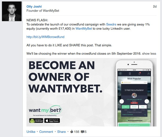 British football-betting website WantMyBet becomes the first startup to give away equity via social media