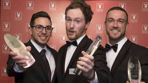 Champion Jamie Cummins (centre) and two runners-up at the National Casino Forum hosted annual UK Dealer Championship