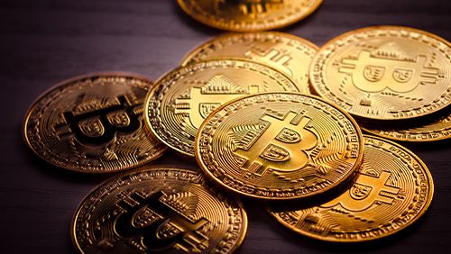 bitcoins on a table