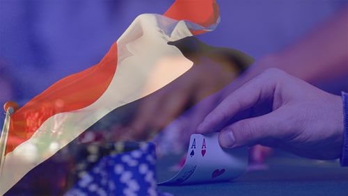 Dutch flag with poker cards held on the background