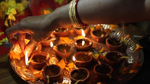 Lit candles during the Diwali Festival