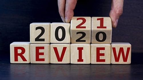 2 stacks of blocks spelling "2020 review"