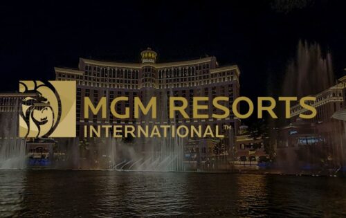 Logo of MGM resorts with Las Vegas on the background