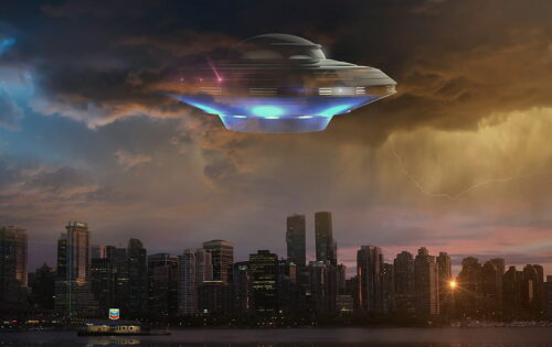An unidentified flying object flying over a city