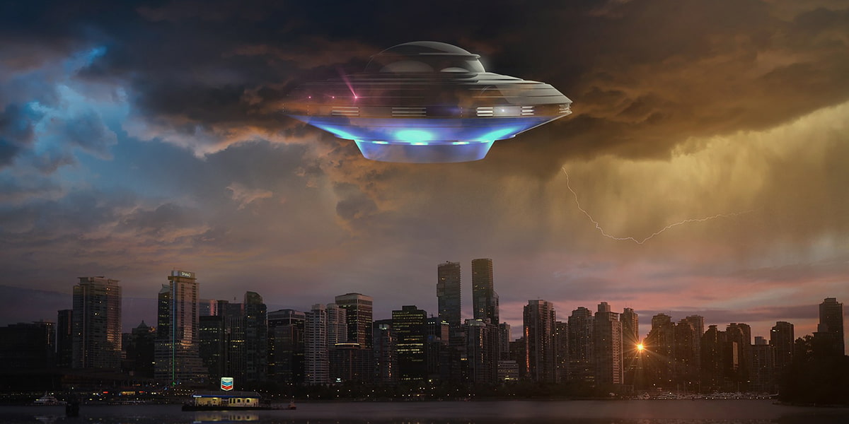 An unidentified flying object flying over a city