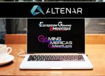 Logos of Altenar, European Gaming Meetups and Gaming America Meetups flashed on a laptop