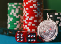 Zoomed photo of poker chips and dice
