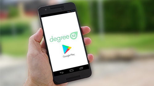 Mobile phone scree, degree 53 and google play logo