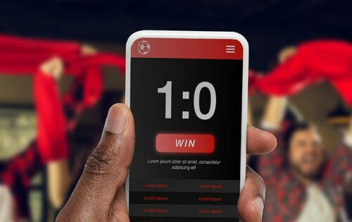 Device screen with mobile app for betting and score.