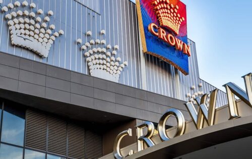 Close view of the modern grand entrance to the Crown Melbourne (Hotel, Entertainment and Casino Complex) building