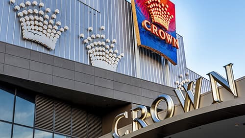 Close view of the modern grand entrance to the Crown Melbourne (Hotel, Entertainment and Casino Complex) building