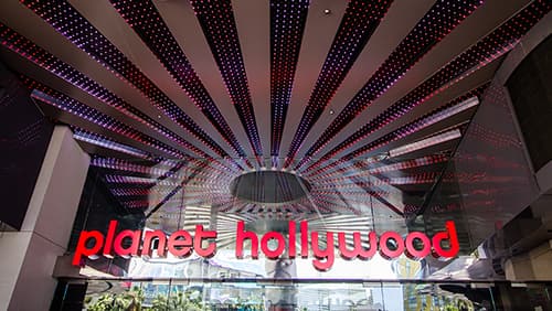 Exterior entrance of the Planet Hollywood Casino and Resort on the strip in Las Vegas