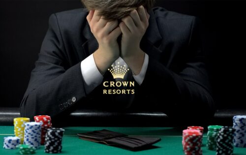 Crown Resorts logo with frustrated gambler