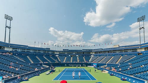 People standing on blue and green tennis court