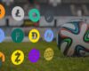 Soccer ball with different cryptocurrencies logos