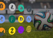 Soccer ball with different cryptocurrencies logos