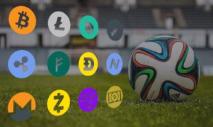 Soccer ball with different cryptocurrencies logos