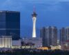 Stormy dusk sky behind the Stratosphere and Fontainebleau towers on the Las Vegas Strip