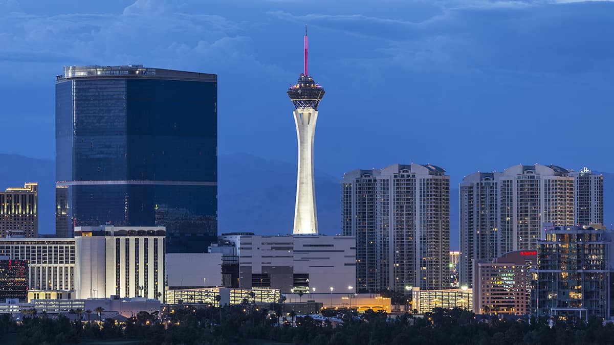 Stormy dusk sky behind the Stratosphere and Fontainebleau towers on the Las Vegas Strip
